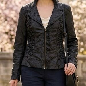 Melanie Lyne Ruffle Faux Leather Jacket  Feminine Edgy Lightweight Chic Zip Up